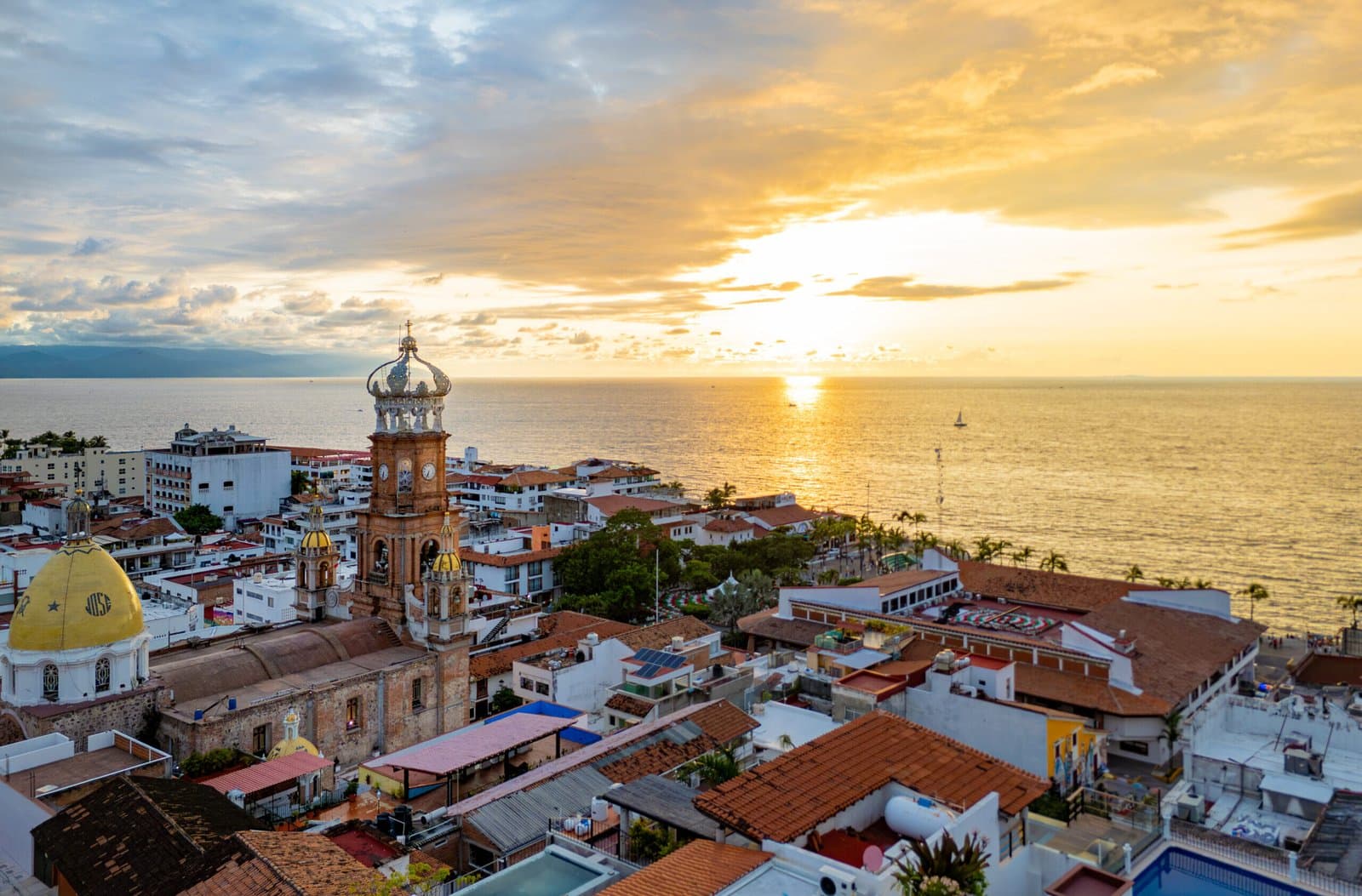 Aerial view of the Church of Our Lady of Guadalupe in Puerto Vallarta at sunset
